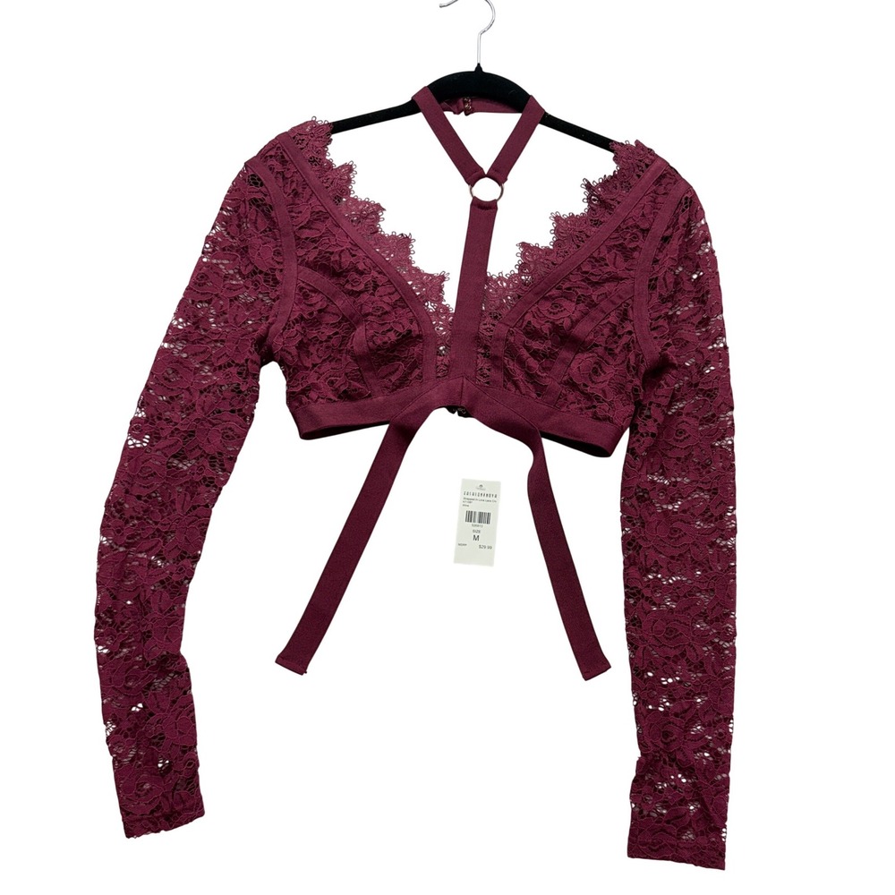 Fashion Nova Crop Top Womens Medium Wine Lace Strapped Love Choker Long Sleeve - Picture 2 of 11